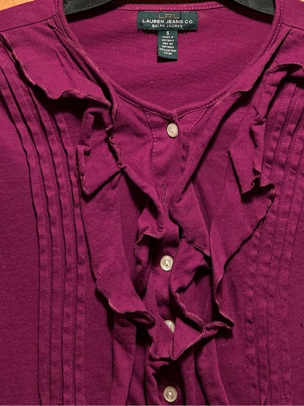Lauren Ralph Lauren Raspberry Ruffle-Front Long Sleeve Tunic Blouse - Picture 7 of 12